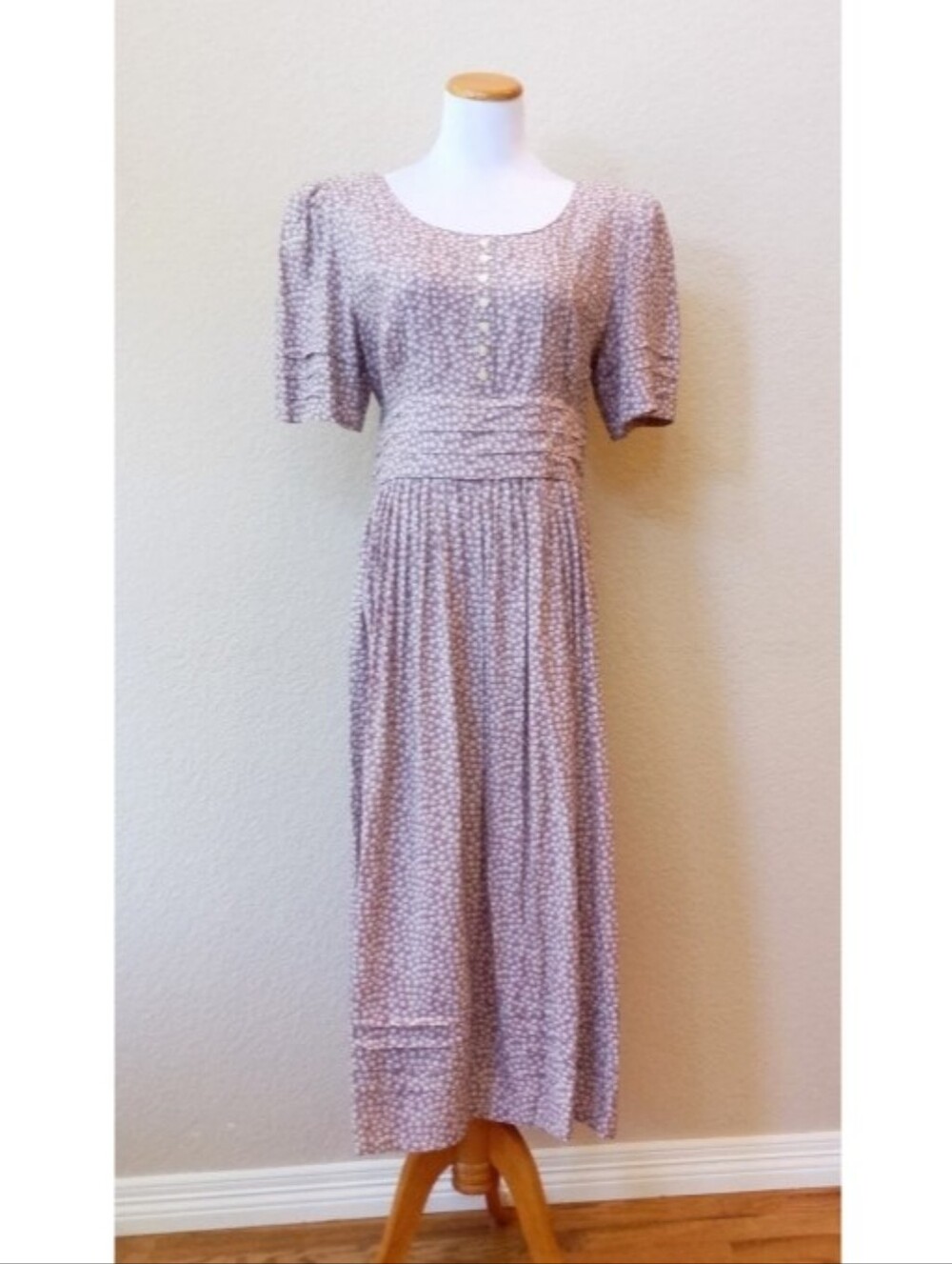 karin stevens Taupe Printed Maxi Dress with Puff Sleeves